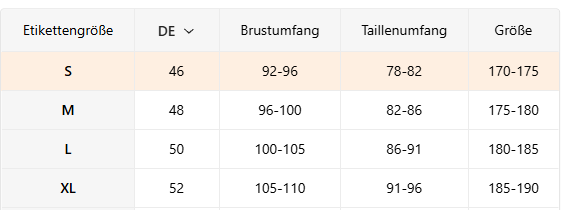 Show size chart